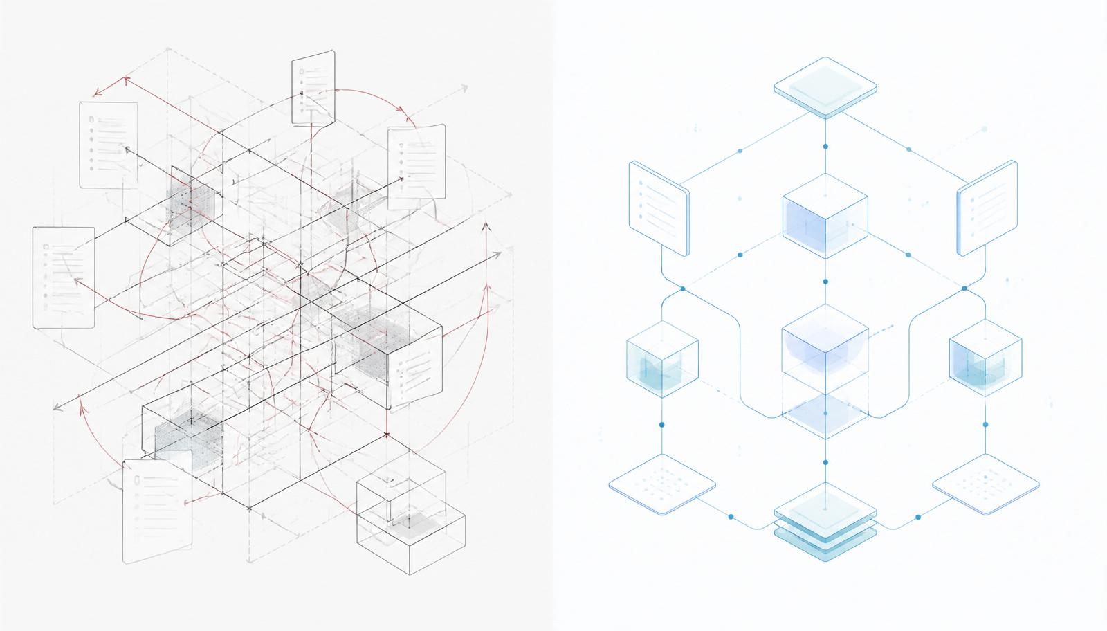 Diagram contrasting a tangled legacy process on the left with a clean structured architecture on the right