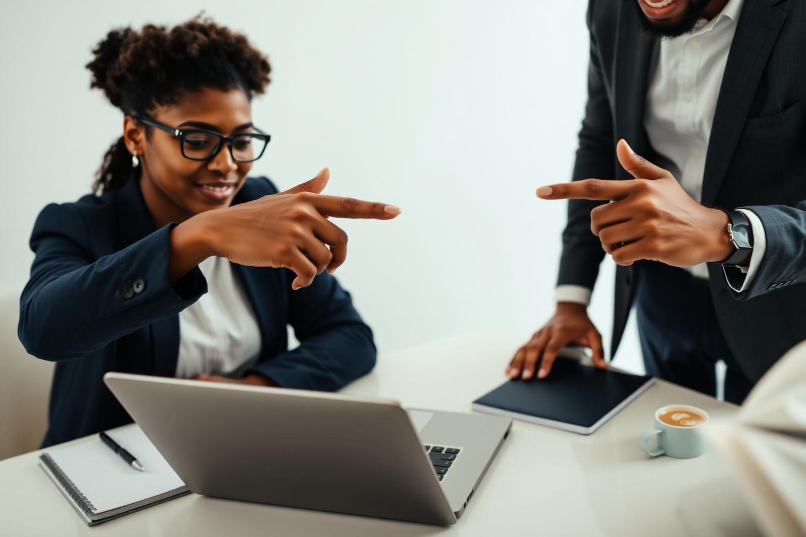 Two consultants collaborating over a laptop showing a business process model