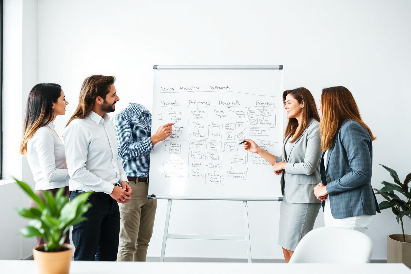 Diverse team of consultants including white men and women at a whiteboard mapping process flows