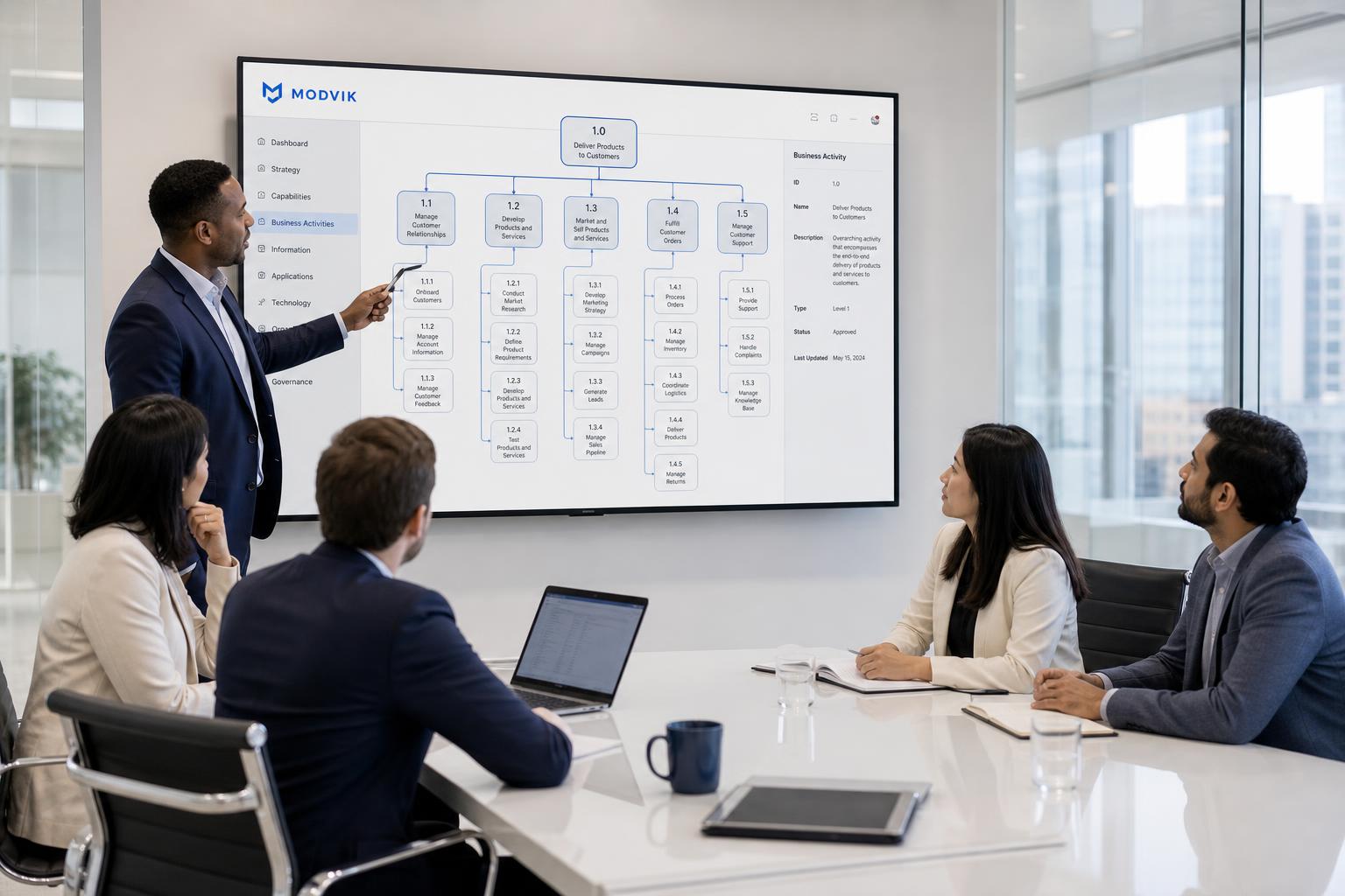 A diverse consulting team reviewing a Modvik business hierarchy model during a meeting